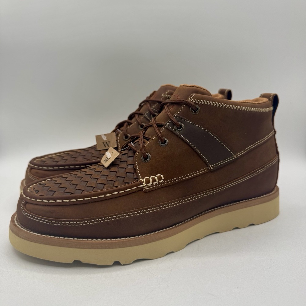 Twisted X Woven Wedge Moc Boots Men's Size 9.5 W Wide Brown Oiled Saddle Leather
